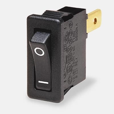<b>8800 Series</b>( Slimline Rocker Switches, Single pole, PANEL, ON/OFF, Panel Cut-out: 19.3x6.8mm, Black/Black, print CL133, curved act.)